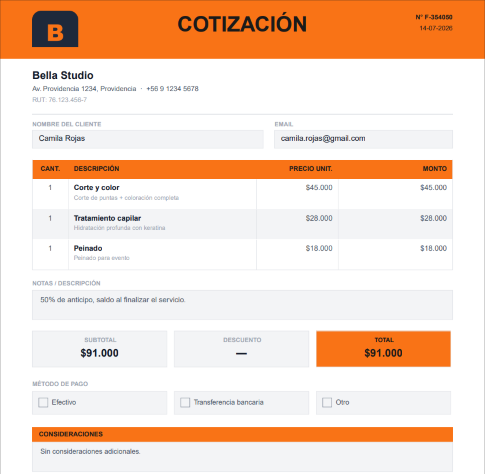 Ejemplo de cotización en PDF con logo, color de marca y detalle de servicios
